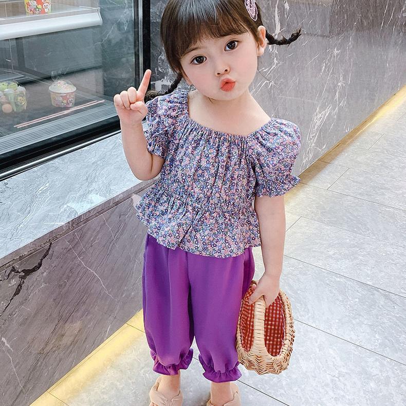 Girls Suit Summer Thin Korean Style Floral Short Sleeved Trousers Two Piece Set Casual Wear with Ruffles Puff Sleeve