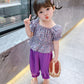 Girls Suit Summer Thin Korean Style Floral Short Sleeved Trousers Two Piece Set Casual Wear with Ruffles Puff Sleeve