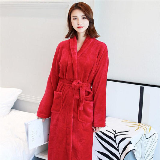 Autumn and Winter Ladies Bathrobe Flannel Nightgown Coral Fleece Thickened Long-sleeved Pajamas Home Service Bathrobe Noble and Luxurious