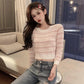 Cute O-neck Pullover Long Sleeve Short Twist Sweater Women Open Waist Striped Knitwear