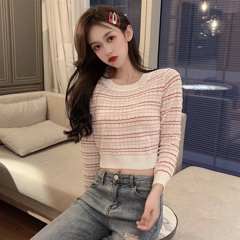 Cute O-neck Pullover Long Sleeve Short Twist Sweater Women Open Waist Striped Knitwear