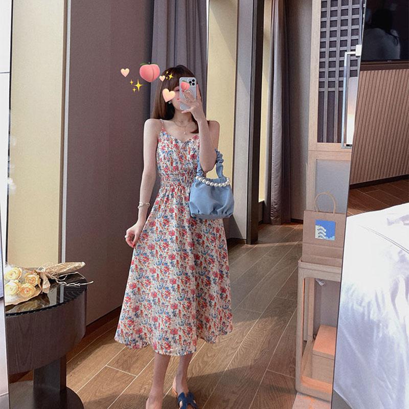 Sweet Tea Girl Chiffon Floral Sling Dress Summer Vacation Style Long Gentle Style Dress