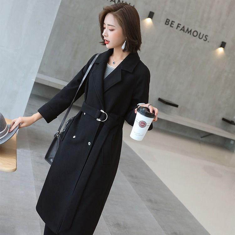 Long Women's Coat Lapel Pocket Belted Jackets Solid Color Coats Female Elegant Outerwear Ladies Coat