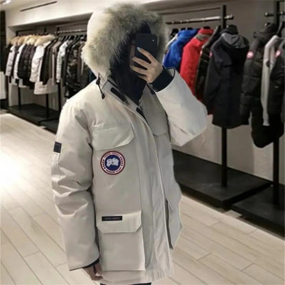 Men's and Women's Mid-length Down Jacket Thickened Tooling Canadian Style Couple Goose Loose Jacket Pie To Overcome Fur Collar Warm Cotton Clothing