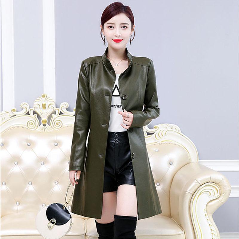 Women's Sheepskin Leather Jacket Long Slim Fit Stand Collar Large Leather Trench Coat Sheepskin Coats with Belt