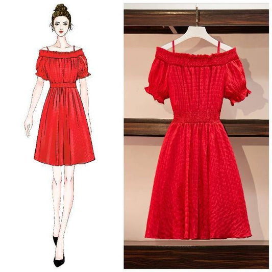 Fashion Off-shoulder Dress Summer Women Elegant Knee-length Spaghetti Strap Dress for Party Evening