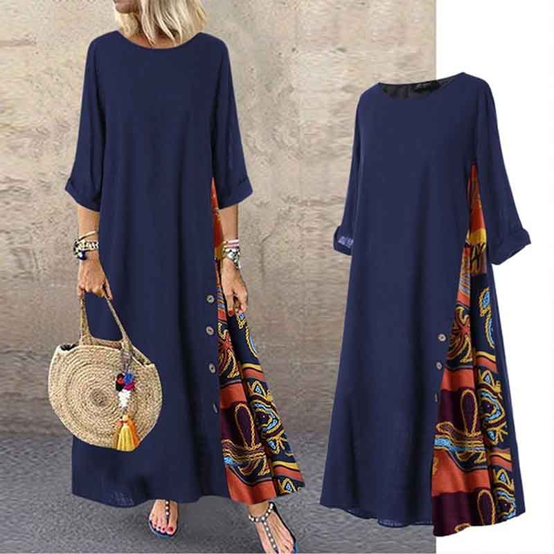 Women Vintage Maxi Dress Summer Solid O Neck Stitching Printed 3/4 Sleeve Side Buttons Dresses Loose Casual Long Dress Plus Size