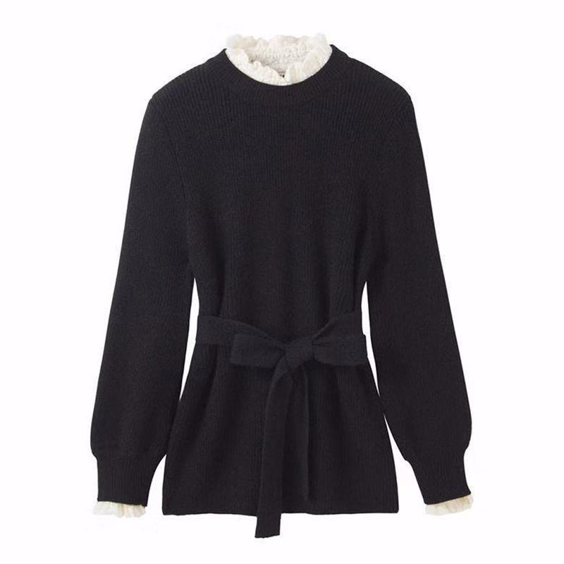Autumn and Winter Korean Mid-length Red Knitted Sweater Women's Waist Lace Fake Two-piece Blouse
