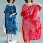 WTEMPO  Short Batwing Sleeve Cotton and Linen Round Neck Long Dress Casual Mid-calf Length Plus Size Ladies Dress Summer