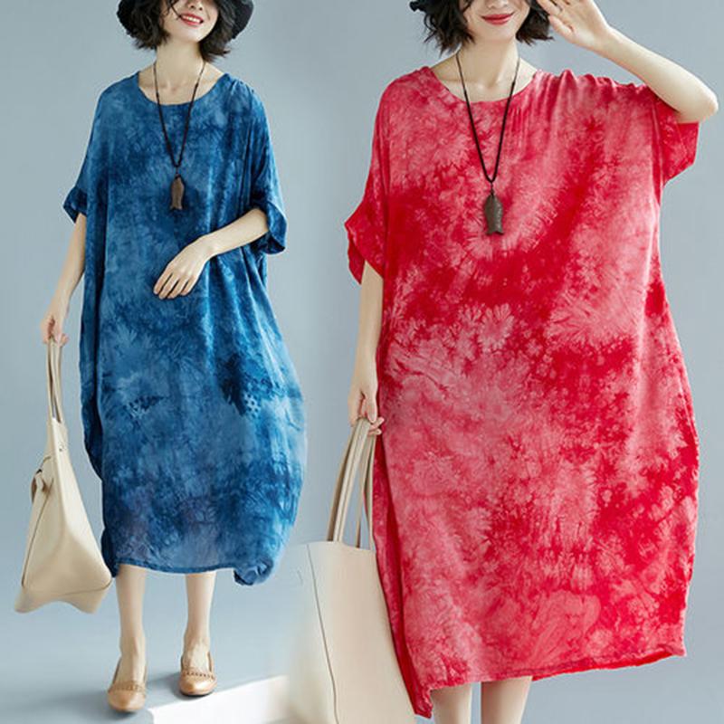 WTEMPO  Short Batwing Sleeve Cotton and Linen Round Neck Long Dress Casual Mid-calf Length Plus Size Ladies Dress Summer