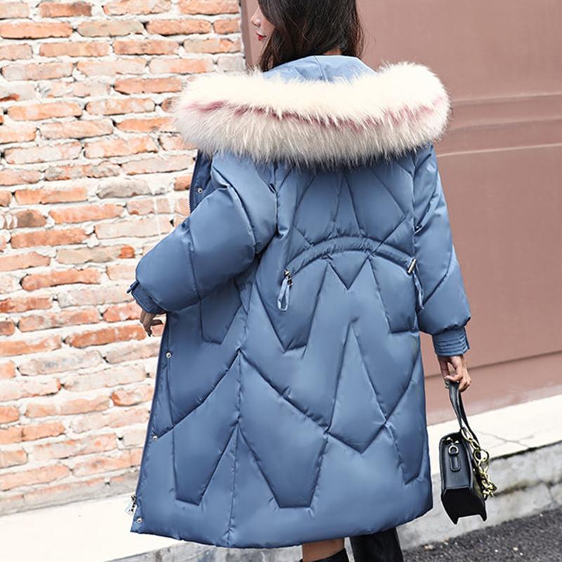 Ladies Winter Coat Mid-length Large Fur Collar Hooded Down Coat Slim Fit Hooded Thick Warmth Parka Coat