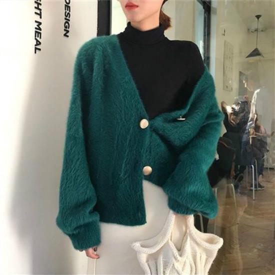 6 Colors Women Faux Mink Cashmere Chic Loose Sweater Knitted V-neck Cardigan Jacket Outwear