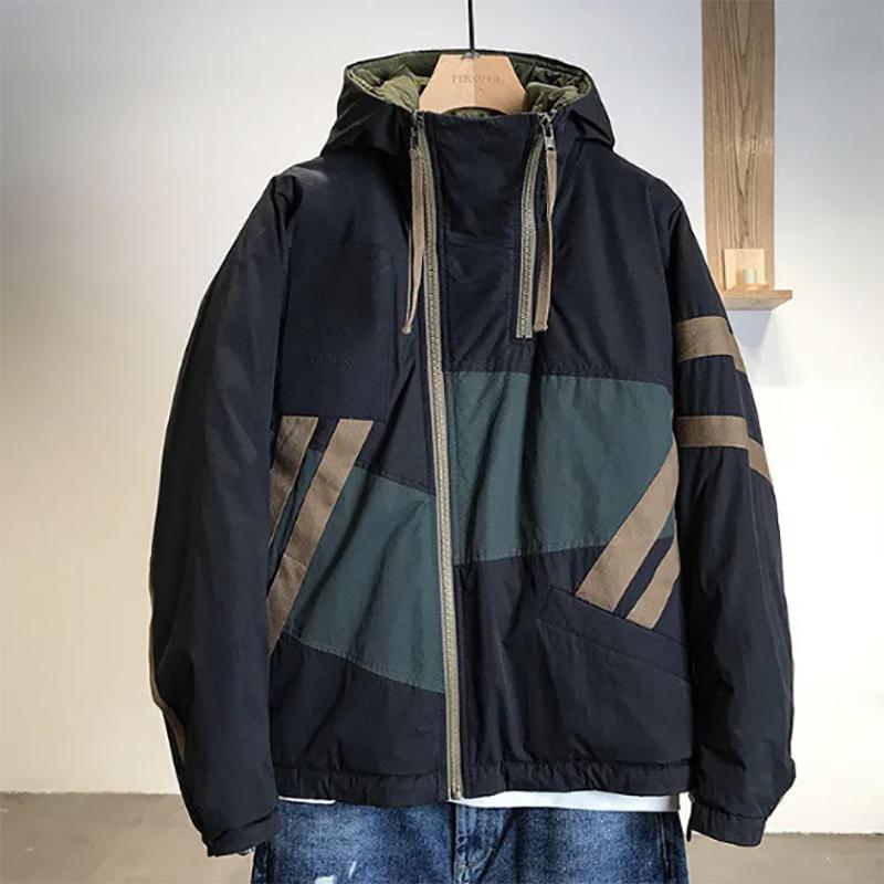 Retro Contrast Color Stitching Men's Jacket Oblique Placket Hooded Cotton-padded Jacket Handsome Padded Jacket
