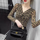 Spring and Autumn Women's Long-sleeved V-neck Slim Bottoming Shirt Printed Top