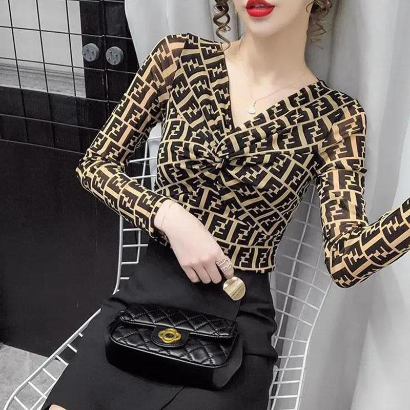 Spring and Autumn Women's Long-sleeved V-neck Slim Bottoming Shirt Printed Top