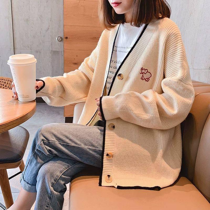 Knitted Cardigan V-neck Winter Clothes Coat Baby Elephant Embroidered Sweater Students