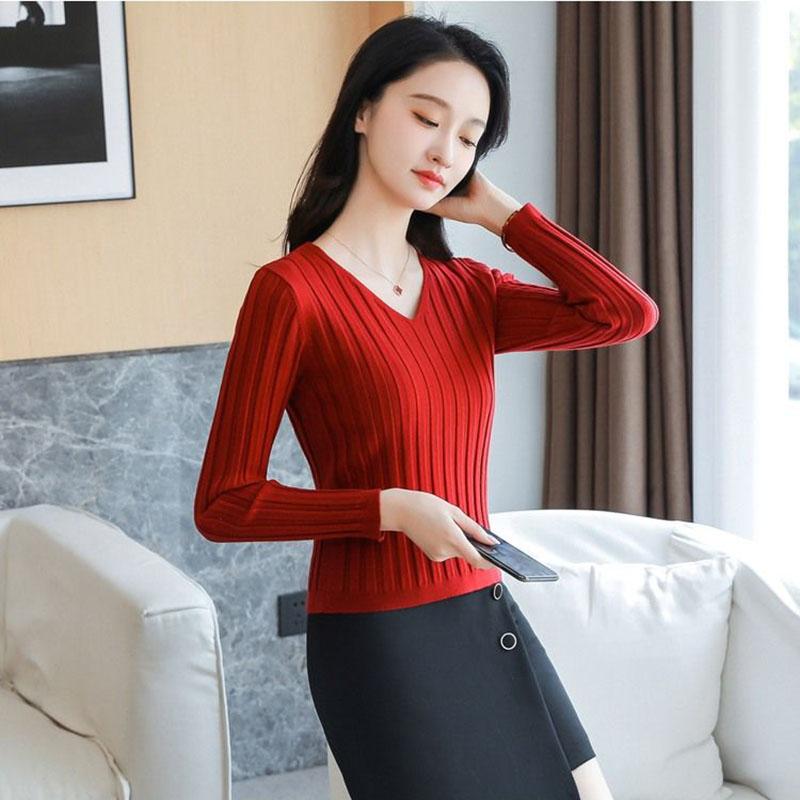 Autumn and Winter Knitted V-neck Sweater All-match Slim Short Top Small Simple Solid Color Female Bottoming Shirt