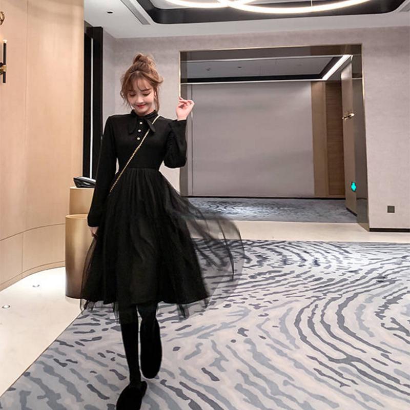 Pofulove Bottoming Black Skirt Ladies Super Fairy Mesh Stitching Dress Plus Velvet Midi Fairy Skirt