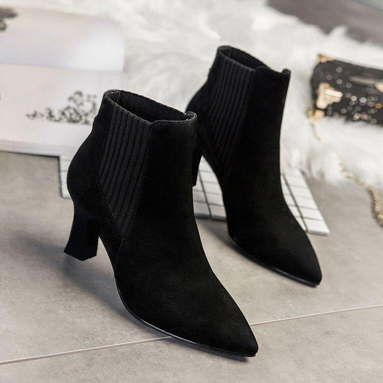 High Heels Ladies Boots Pointed Elastic Thick Heel Stiletto Knit Shoes