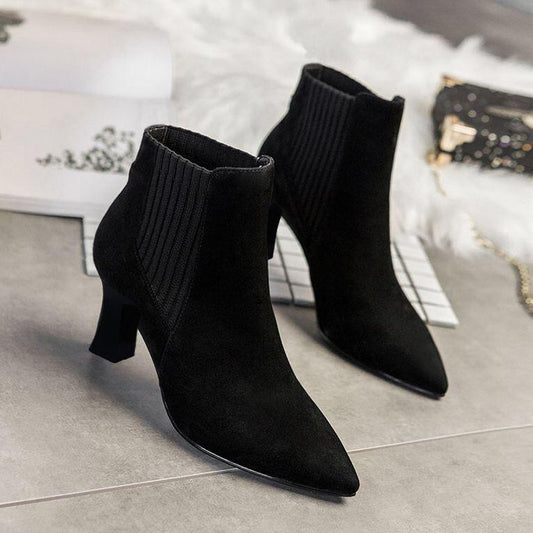 High Heels Ladies Boots Pointed Elastic Thick Heel Stiletto Knit Shoes