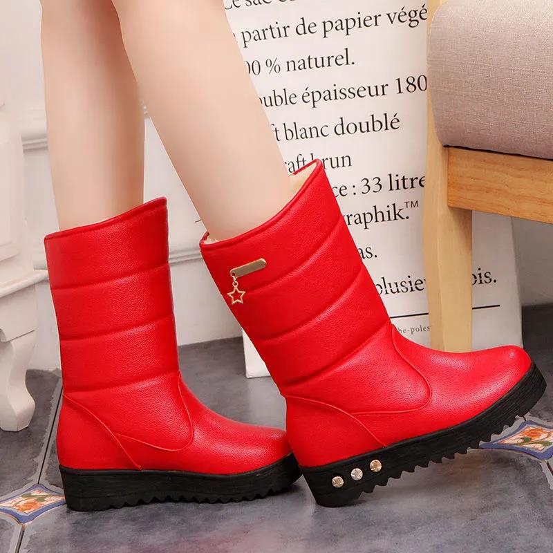 Winter Snow Boots Women's Thick Flat-heeled Thick-soled Non-slip Leather Waterproof Mid-tube Boots