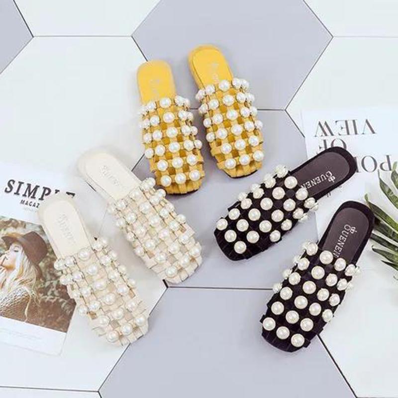 Women's Shoes Hollow Bright Beads All-match Casual Sandals with Low Heels Convenient and Not Hurting Feet Korean Pearls