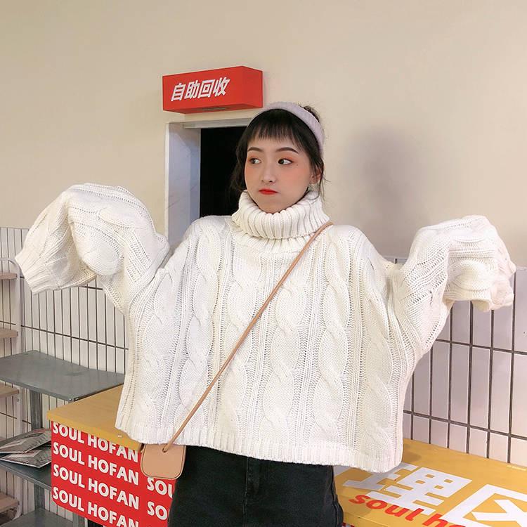 Solid Color Thick Turtleneck Sweater Autumn and Winter Loose Twist Pullover Knitted Sweater