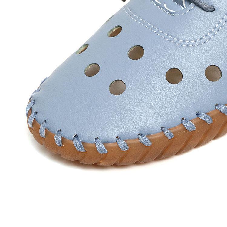 Women's Spring Summer Large Size Flat Shoes Non Slip Soft Sole Solid Color Hollow Out Leather Shoes