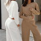 2PCS Ladies Short Long Sleeve Loose Navel Show Sweater + Casual Fitness Wide Leg Pants Two-piece Running Top Autumn and Winter Casual Sweater Suit