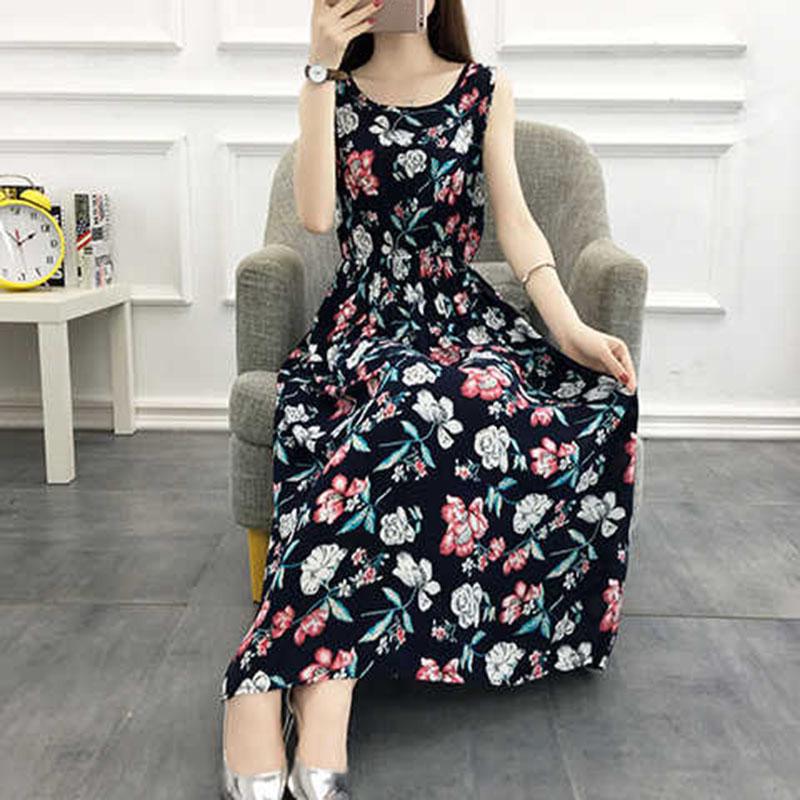 Fashion Boho Summer Cotton Floral Dress Female Vacationer Beach Large Size Printed Sleeveless Dress