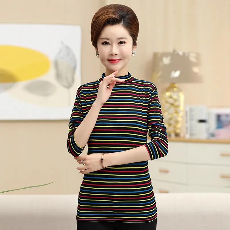 Mom Spring and Autumn Long Sleeve T-Shirt Striped Top Short Casual Bottoming Shirt