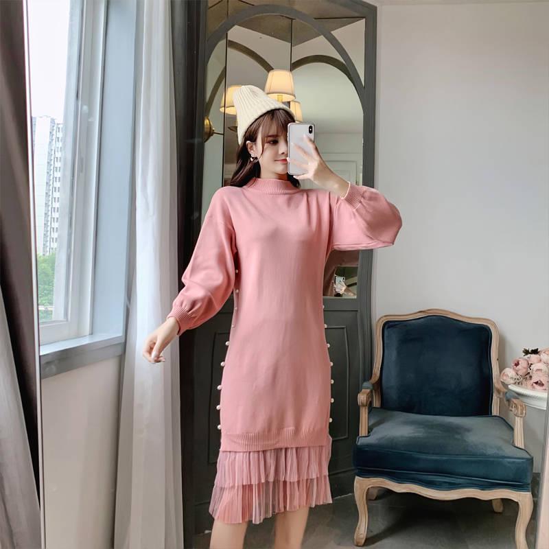 Pofulove Women Pearl Sweater Dress Long Section Turtleneck Beading Lace Knitted Skirt Pullover