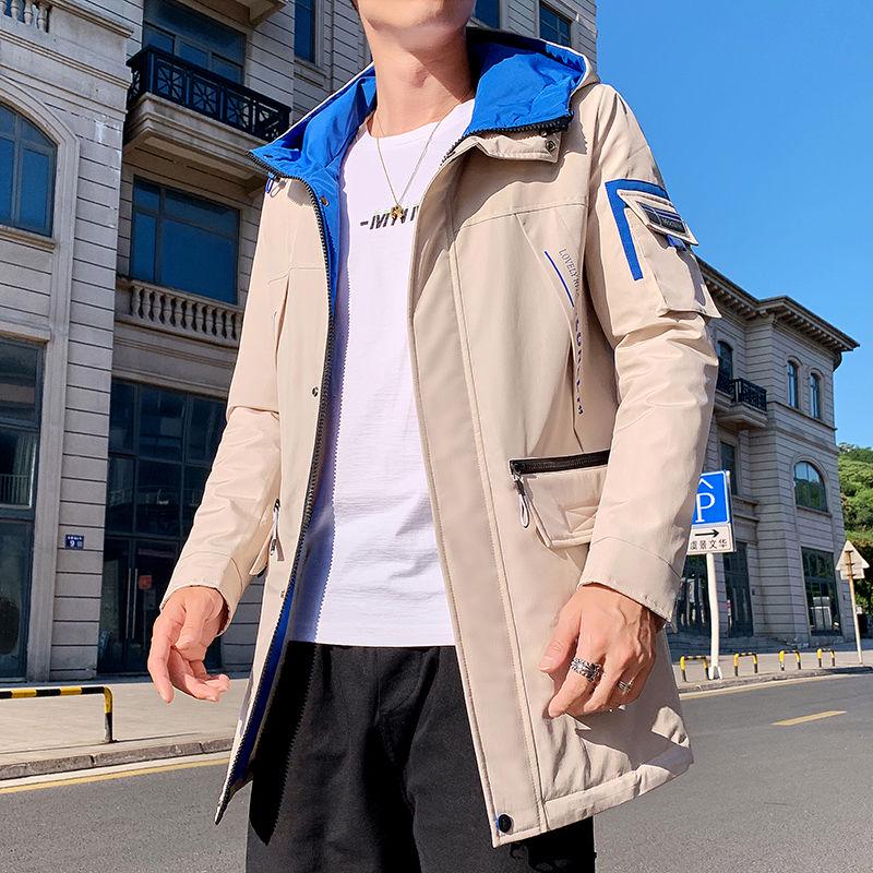 Spring and Autumn Jacket Men Handsome Spring Jacket Men's Long Thin Windbreaker Hooded Outer Clothes