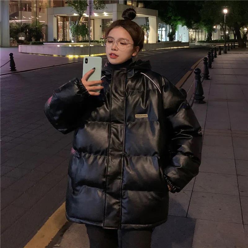 Winter Ladies Down Jacket Korean Fashion PU Loose Thick Warm Hooded Couple Down Jacket