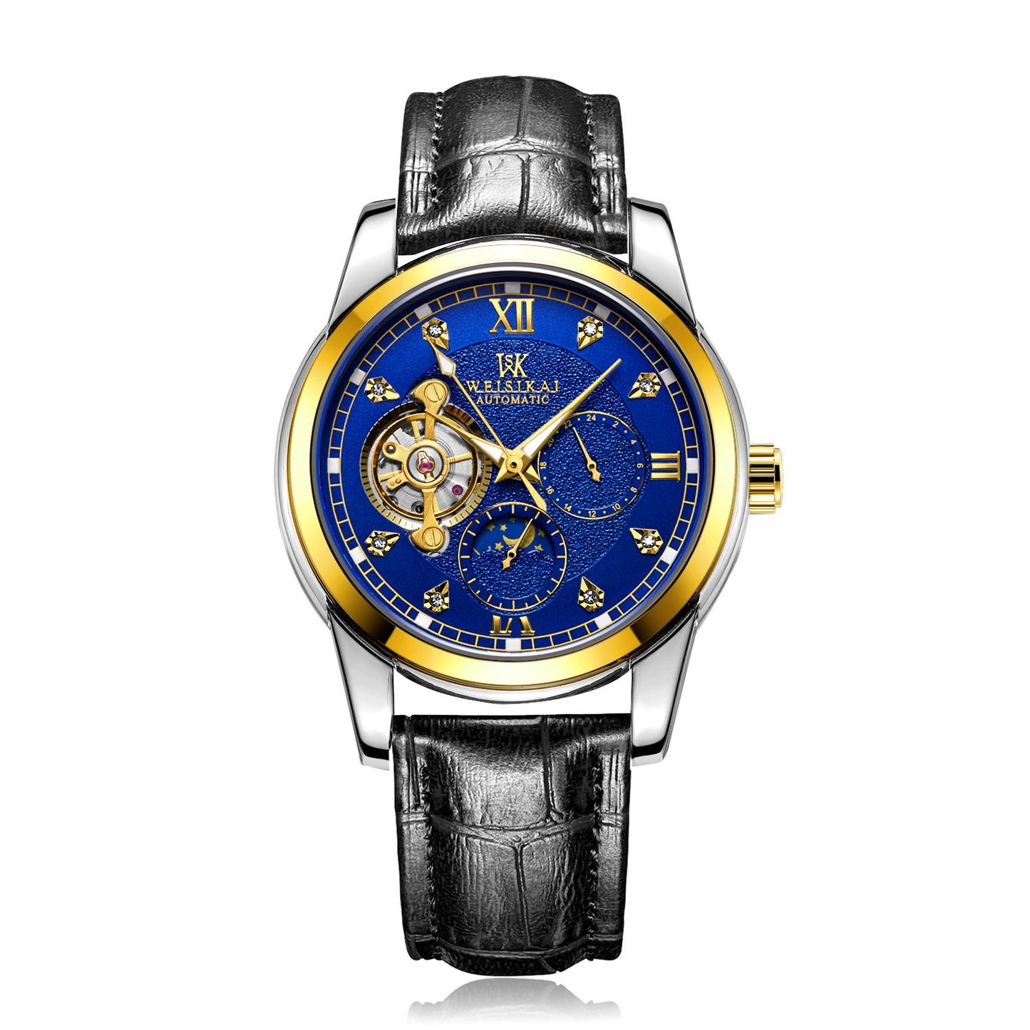 Men Fashion Auto Mechanical Watch Leather Strap Sub Dial Date Tachometer Luxury Wrist Watch