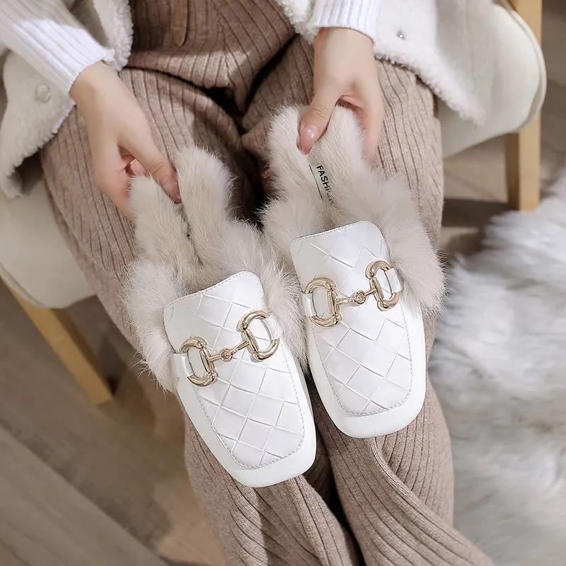 Women's Autumn and Winter Furry Fashion Cotton Slippers with Slippers Indoor and Outdoor Casual Flat Shoes Soft Shoes