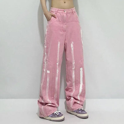 Pink Jeans Female Spring and Autumn Design INS Inkjet Wild Trend Loose Straight Bread Pants