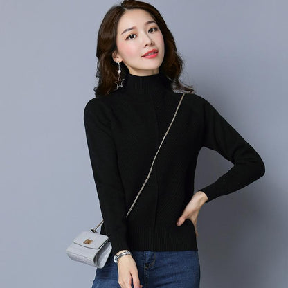 Fashion Women's Sweater Short Hedging Thickening Slim Thin Half High Neck Solid Color Sweater Top