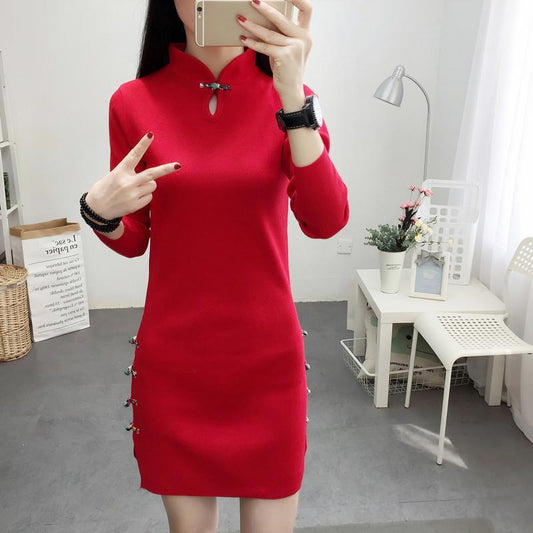 Fall/winter Women's Solid Color Long-sleeved Dress Knitted Slim Base Skirt