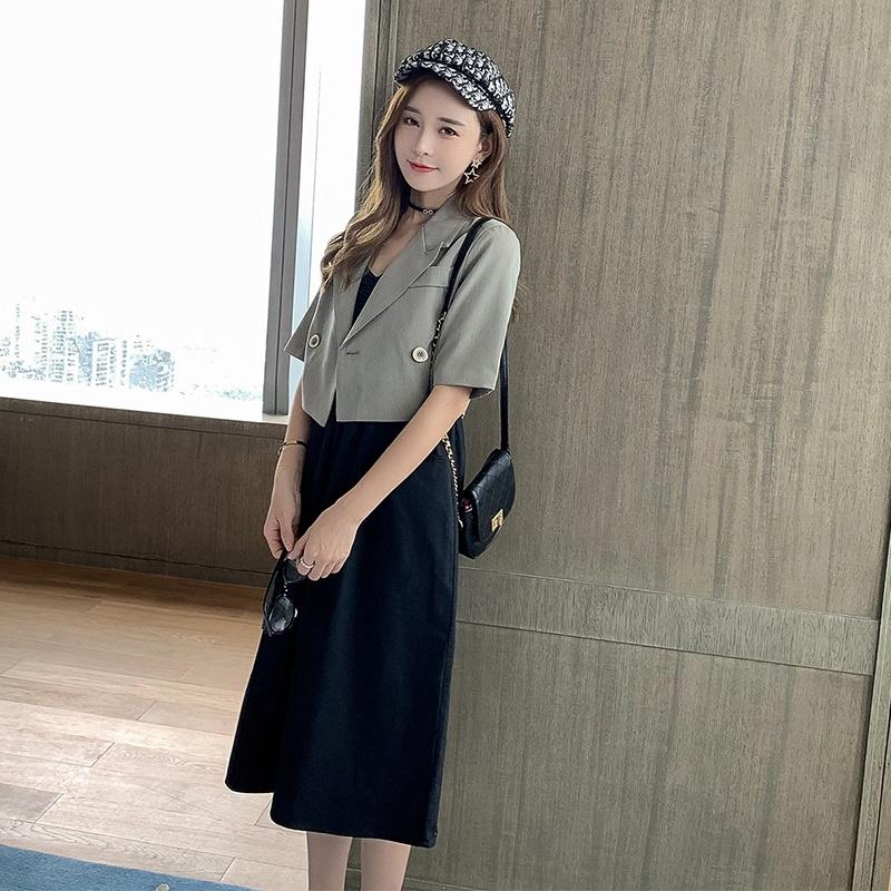 2 Pieces Women Sling Dress Suit Spring and Summer Short Sleeve Button Casual Vacation Office Home