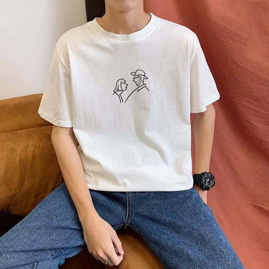 100% Cotton Men's Printed Short-sleeved T-shirt Men's Summer Fresh and Wild Loose Young Men's Short-sleeved T-shirt