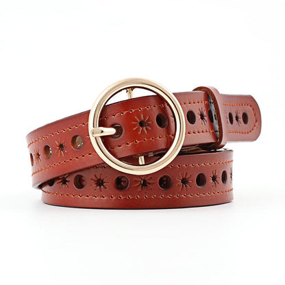 Round Buckle Leather Belt Ladies Hollow Belt Fashion Wild Jeans Belt Casual