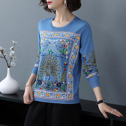Autumn  Winter Ethnic Style 3D Printed Sweater Women Short Pullover Knit Bottoming Sweater Outer Wear Plus Size High-end Sweater