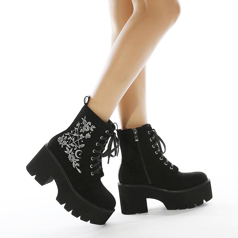Gothic Boots Women - Goth Black Shoes - Gothic Punk Platform Shoes - Lace Up Back Zipper Boots - Witch Pentagram Moon Embroidery Design