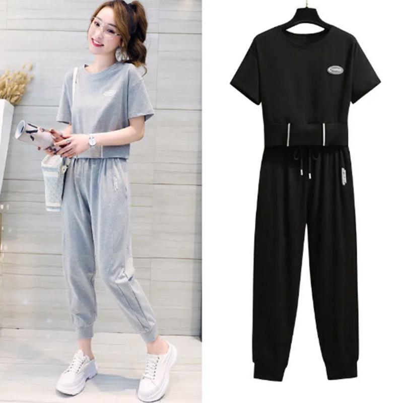 Sports Suit Women's Summer Casual Solid Color Short-sleeved Short Loose T-shirt Waist Nine-point Pants Two-piece Set