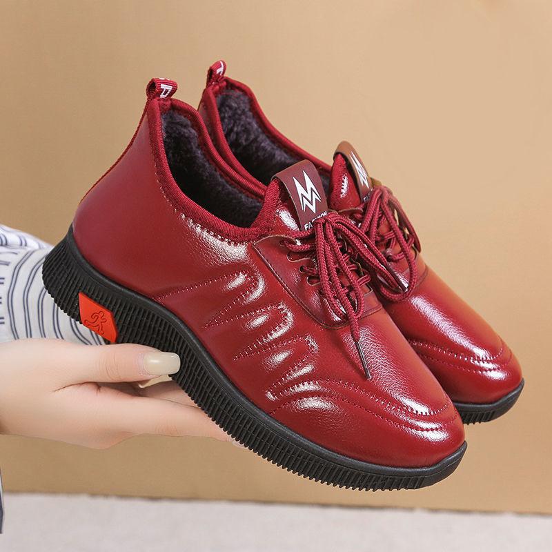 Ladies Cotton Shoes Winter Thicken Warm Shoes Non-slip Waterproof Leather Comfortable Flat Casual Shoes