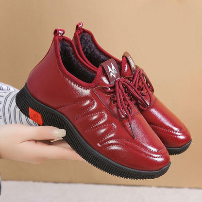 Ladies Cotton Shoes Winter Thicken Warm Shoes Non-slip Waterproof Leather Comfortable Flat Casual Shoes
