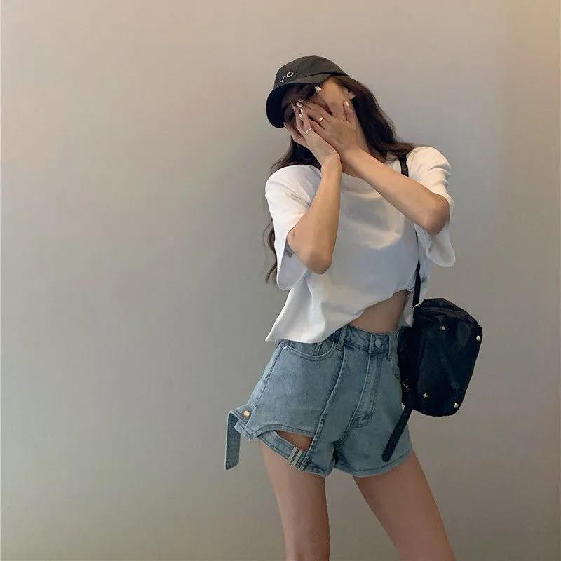 Girl Plus Size Denim Shorts Women Ins High Waist Slim Stretch Summer Student Loose Wide-leg A-line Pants