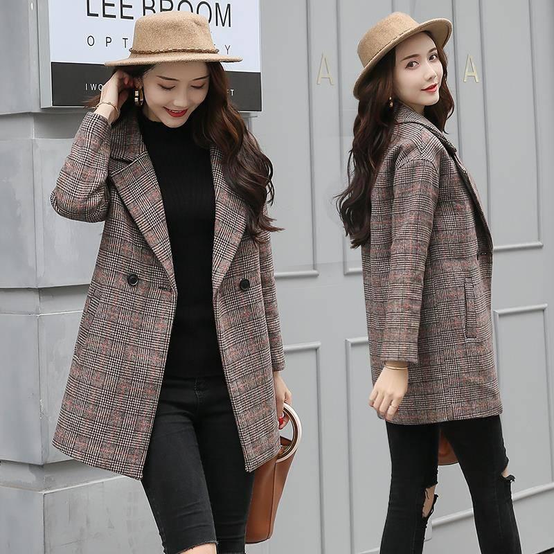Women Outerwear Winter Clothing Fashion Warm Woolen Blends Female Plaid Double Breasted Woolen Coat