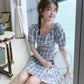 Waist Blue Plaid Dress Female Middle Length Retro Slim Square Neck Little Fresh High Waist Bubble Sleeve A-line Dress